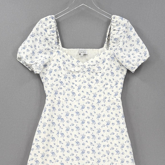 & OTHER STORIES Puff Sleeve Midi Dress Womens 8 White Blue Linen Floral Nap - Picture 4 of 16